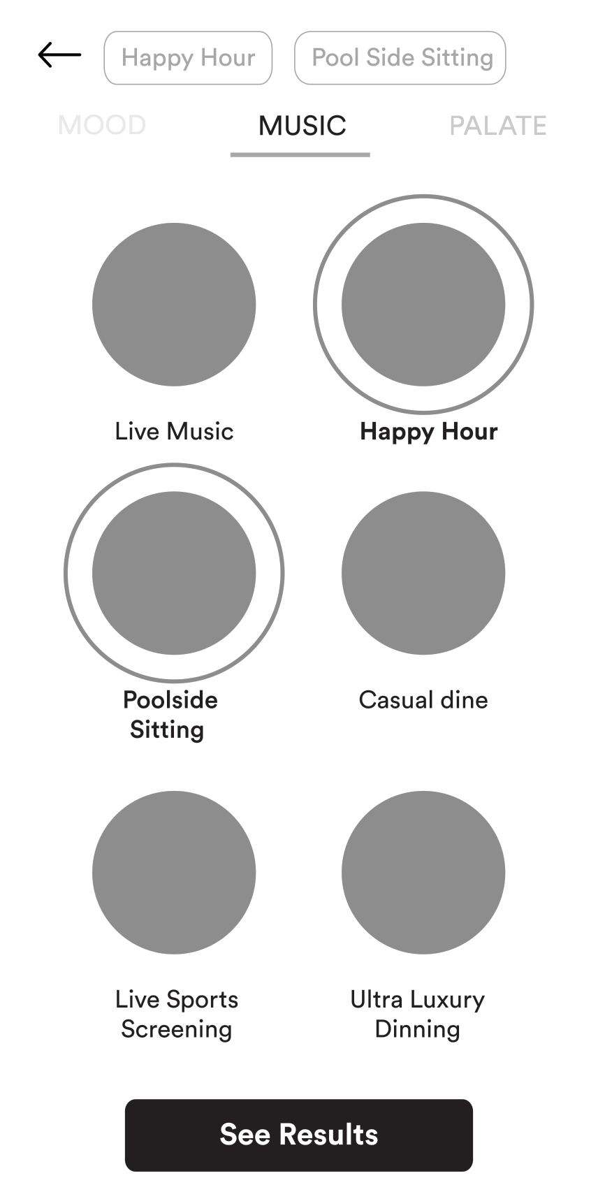 Wireframe — Music tab selected