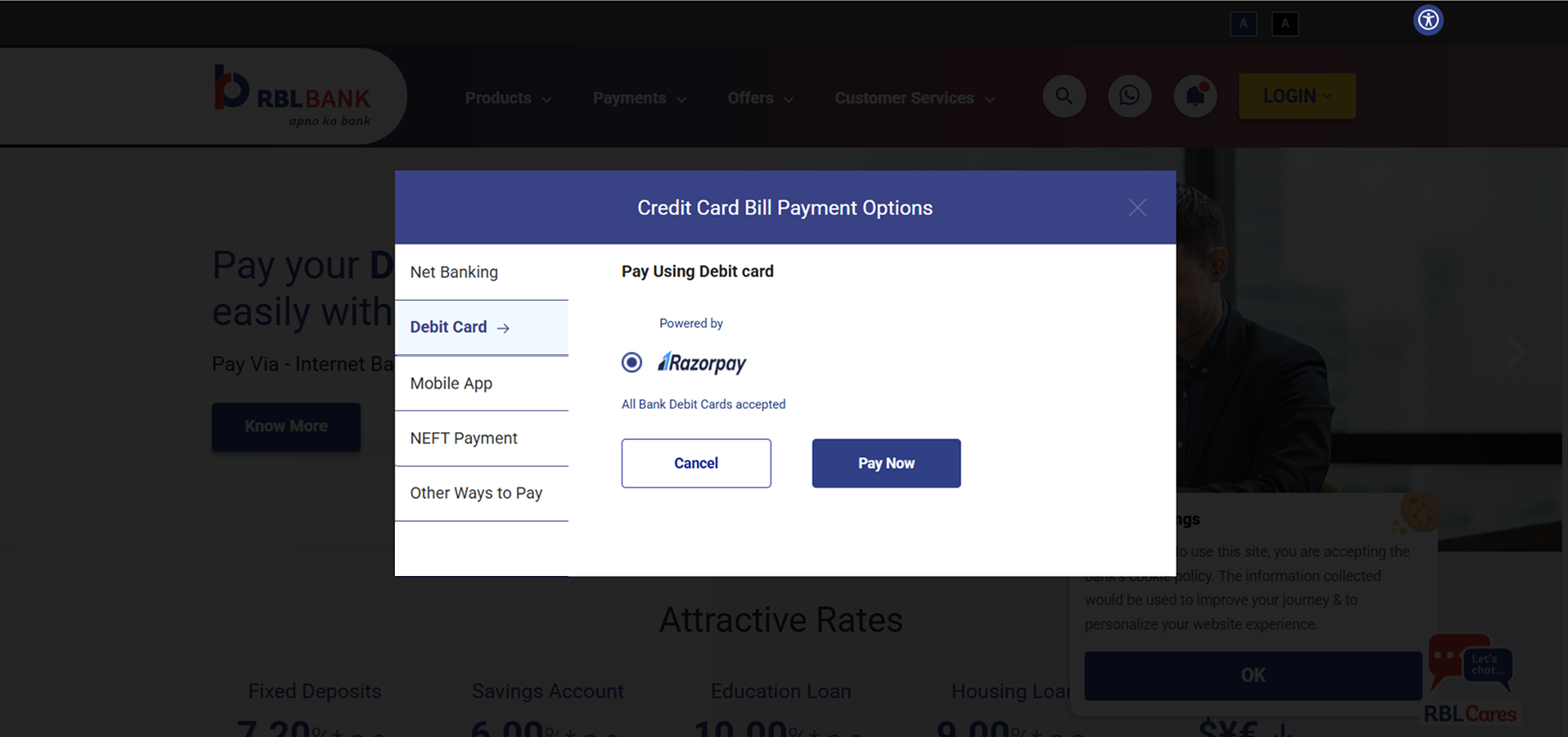 Before — Debit Card tab selected, Razorpay powered, accepting all bank debit cards