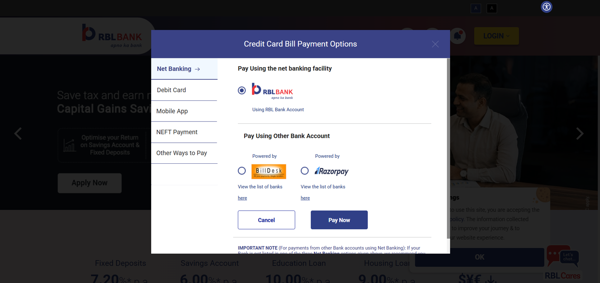 Before — RBL Bank credit card payment options showing Net Banking tab selected, using BillDesk and Razorpay gateways
