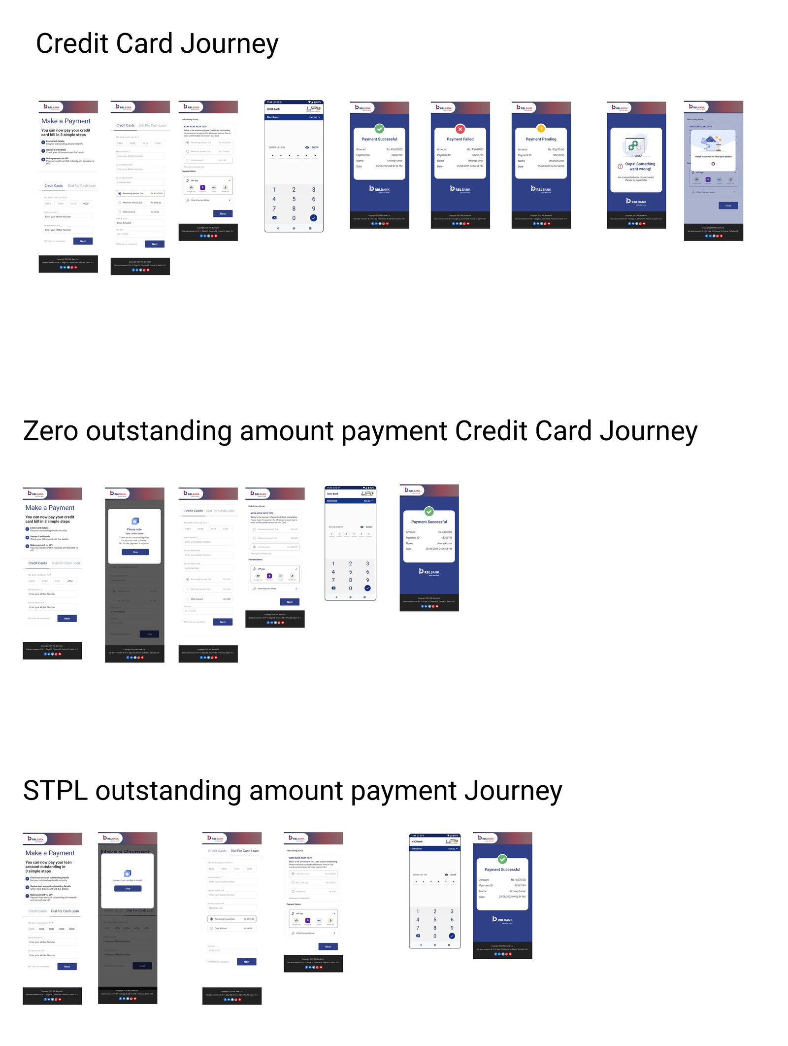 Three payment journeys overview — mobile layout