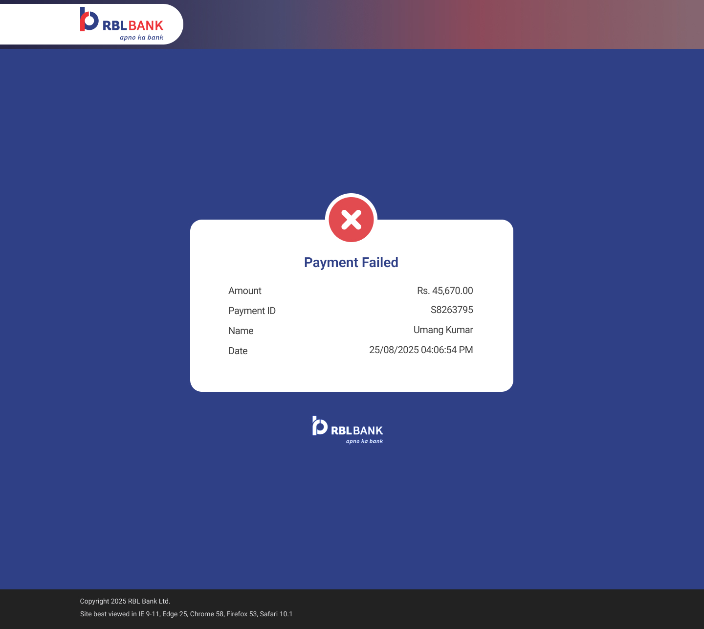 Payment Failed — red X icon, same layout, Payment ID still shown for dispute reference