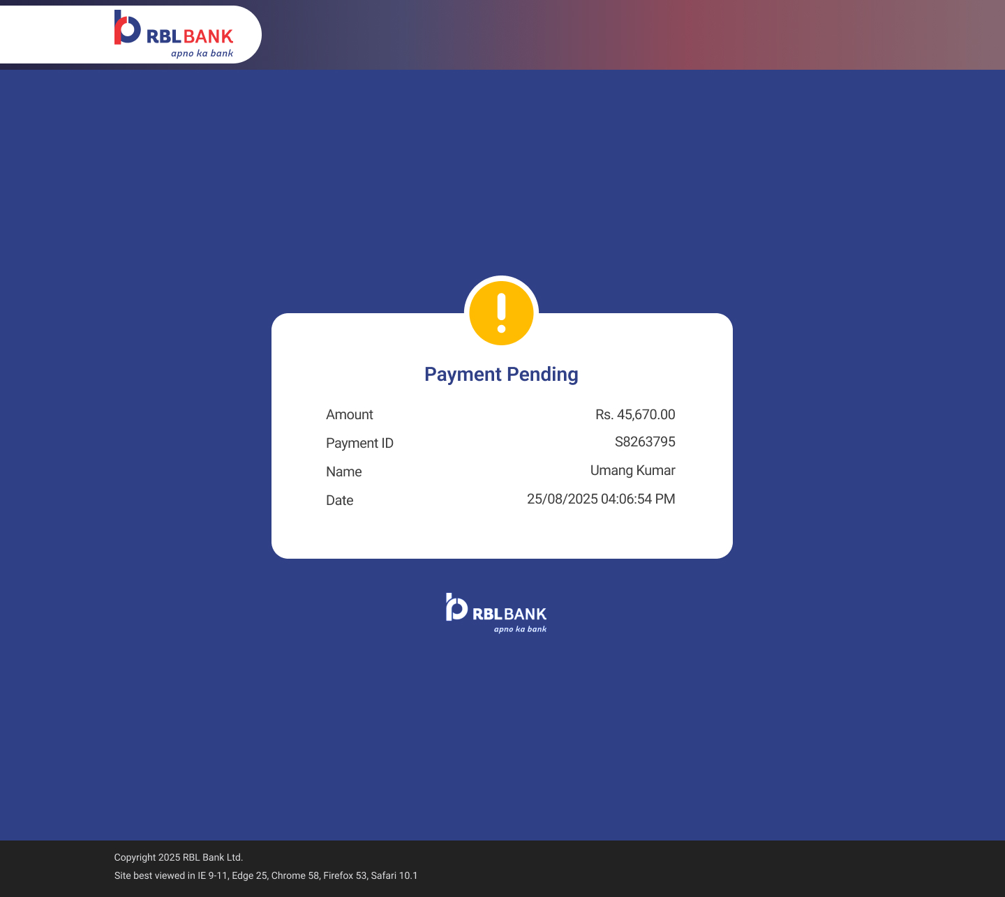 Payment Pending — amber warning icon, same transaction details preserved for reference