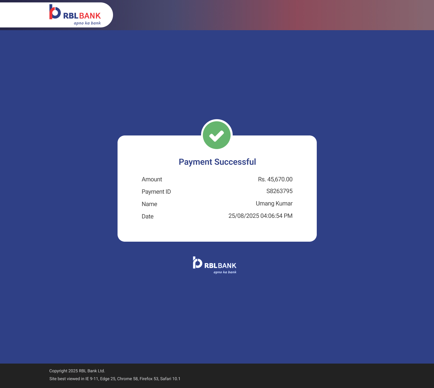 Payment Successful — green checkmark, amount Rs 45,670, Payment ID S8263795, name and timestamp