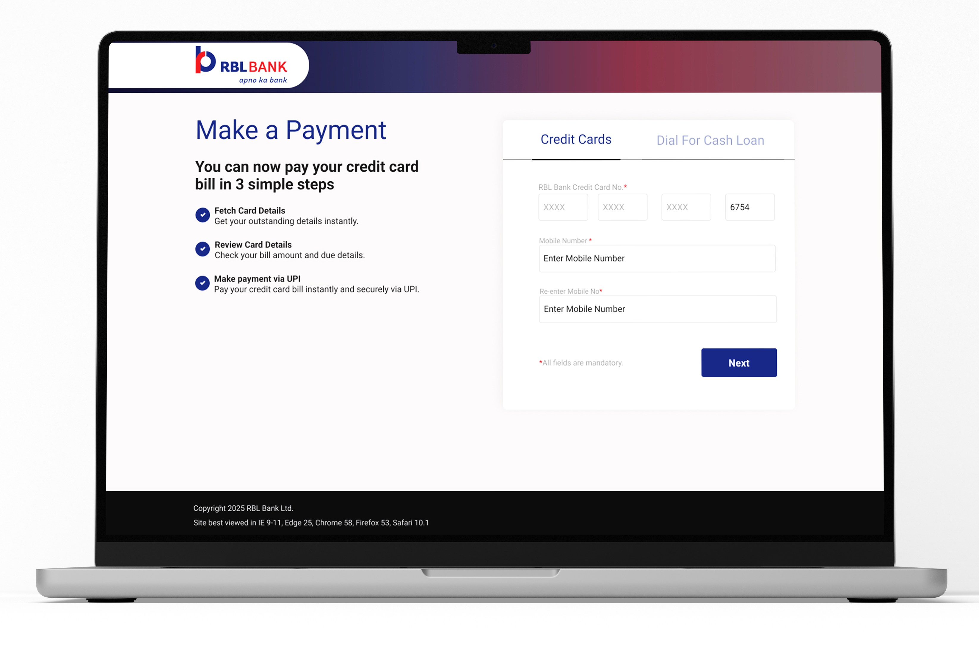 UPI payment flow — desktop mockup showing step 1