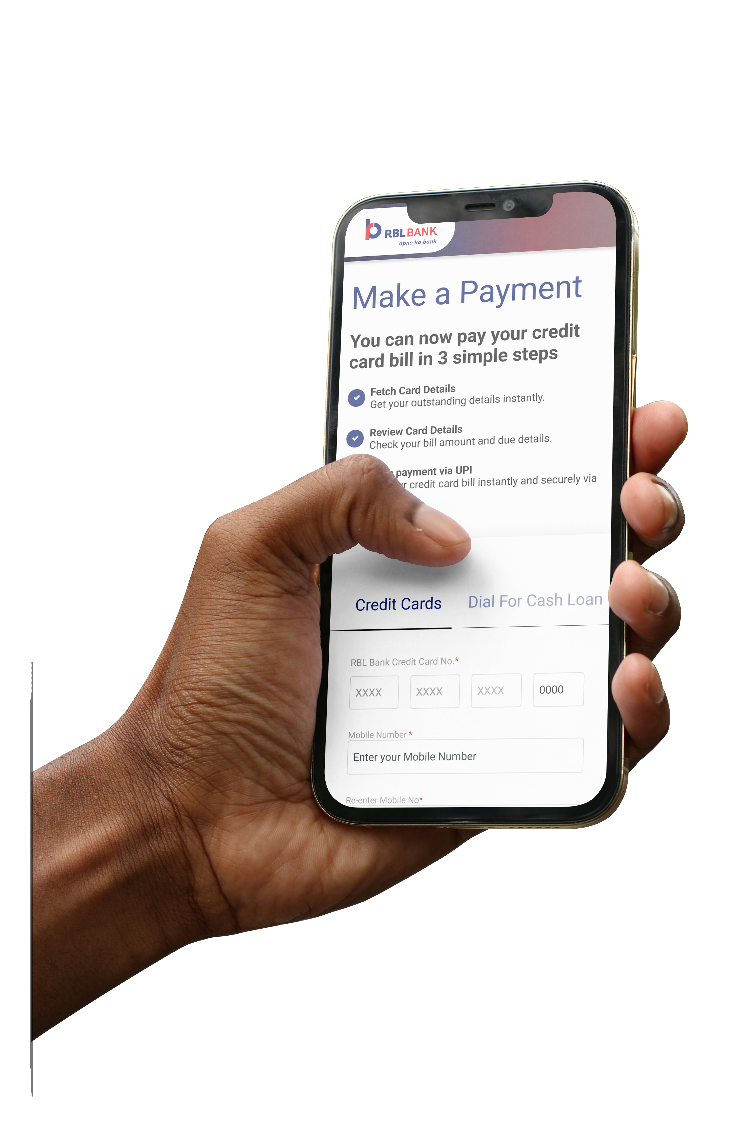 Step 1: Credit card payment entry shown on iPhone held in hand — Make a Payment screen with 3-step process guide and card number fields