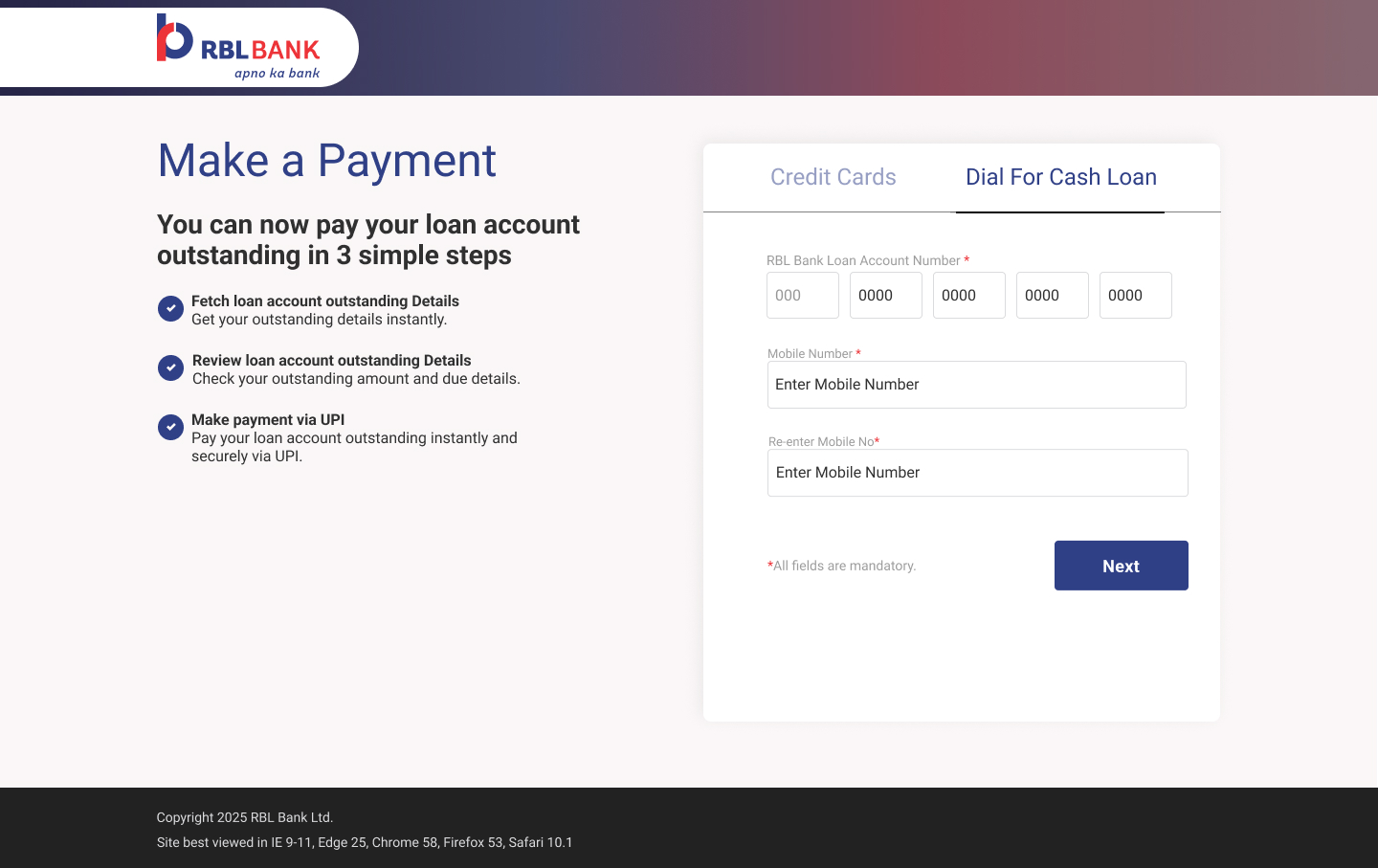STPL entry — Dial For Cash Loan tab active, loan account number fields, 3-step loan repayment guide