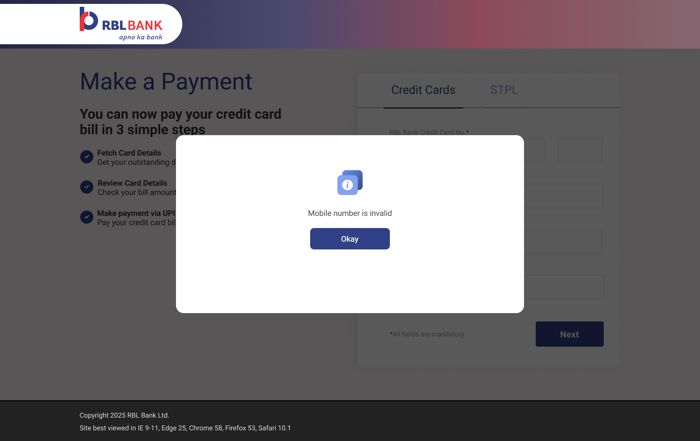 Invalid mobile number modal — immediate client-side feedback, specific error message, single Okay CTA